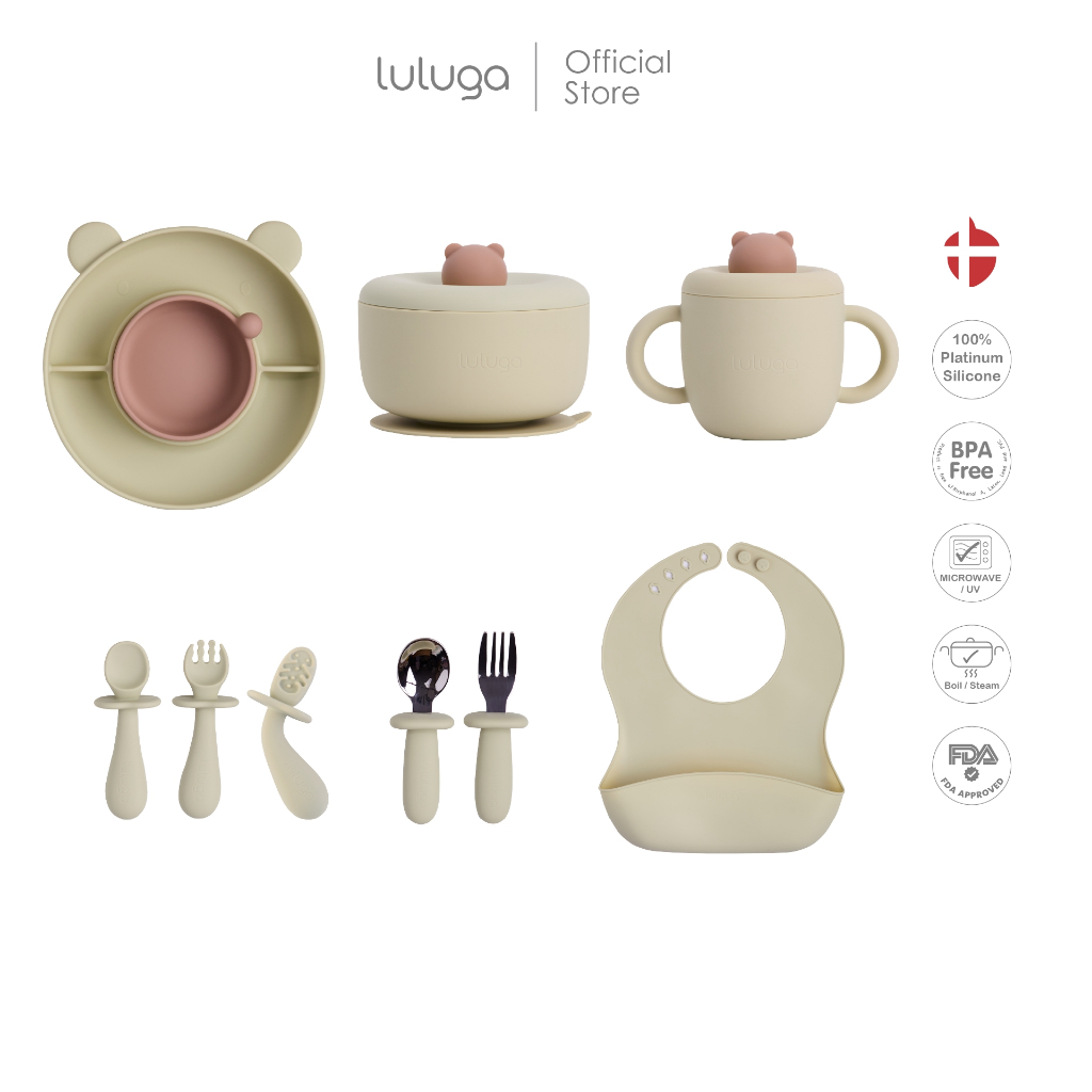 Luluga Set 6 pieces BEAR ชามซิลิโคนเด็ก จานซิลิโคนเด็ก แก้วหัดดื่มซิลิโคน Platinum Silicone สำหรับเด็ก 6 เดือน+ BLW