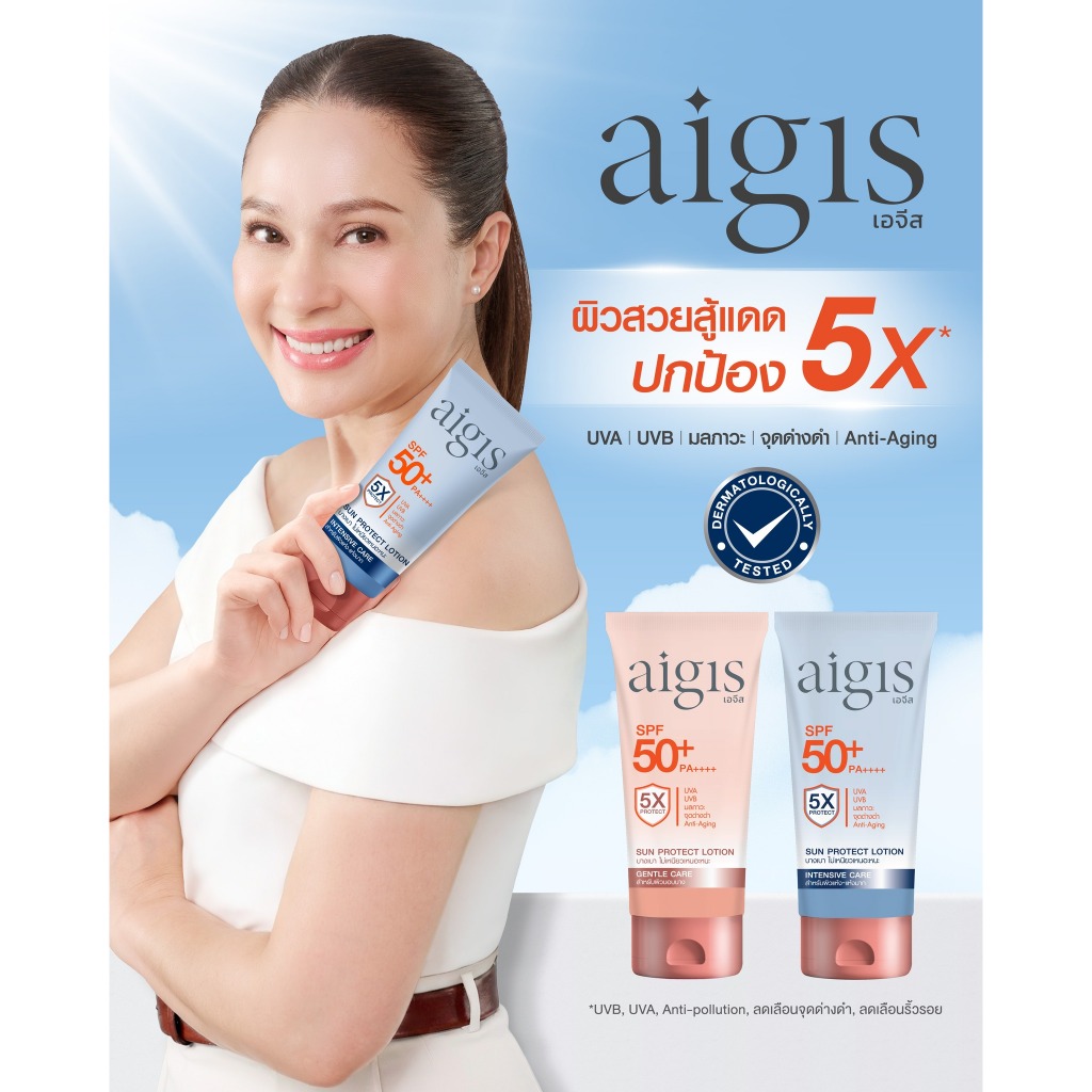 ครีมบำรุงผิวพรีเมี่ยม AIGIS Sun Protect Care Lotion SPF50+ PA++++  สีฟ้าสำหรับผิวแห้งมากเป็นขุย สีชม