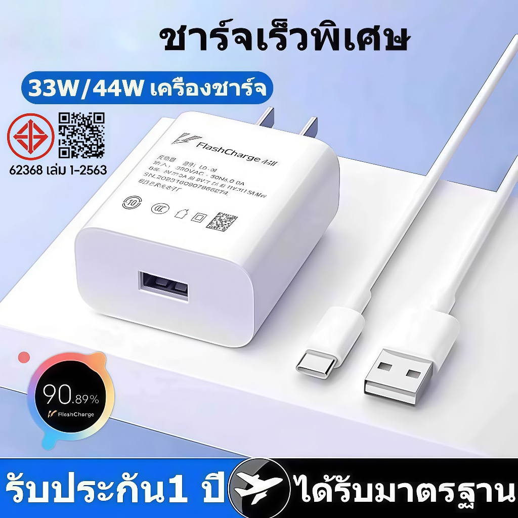 รับประกัน1 ปี ชุดชาร์จเร็ว 33W 44W Super Fast Charge (สายชาร์จเร็ว+หัวชาร์จ) 6Aสายชาติเร็ว type c