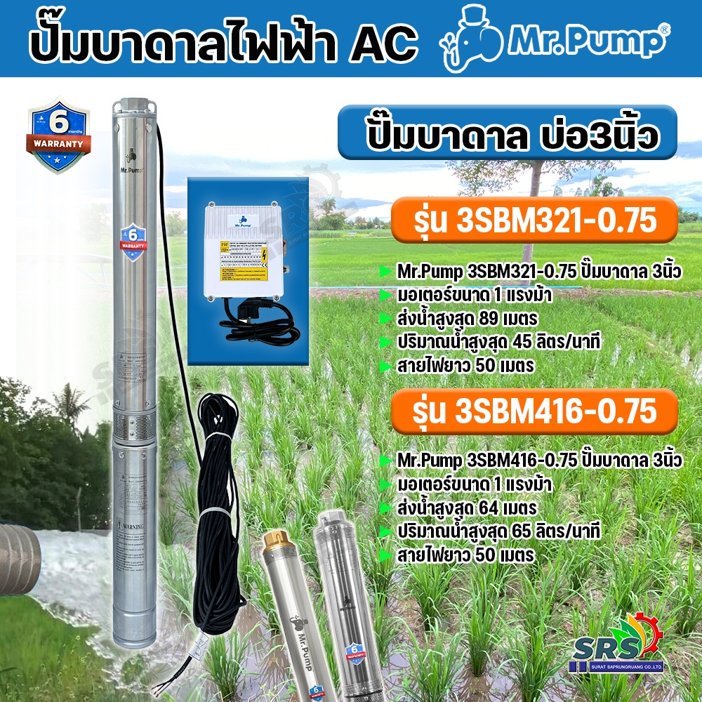 MR.PUMP (ซับเมอร์ส) ปั้มบาดาล ไฟ AV 220V บ่อ 3 นิ้ว ขนาดท่อ1.25นิ้ว รุ่น3SBM321-0.75-21ใบพัด / รุ่น 