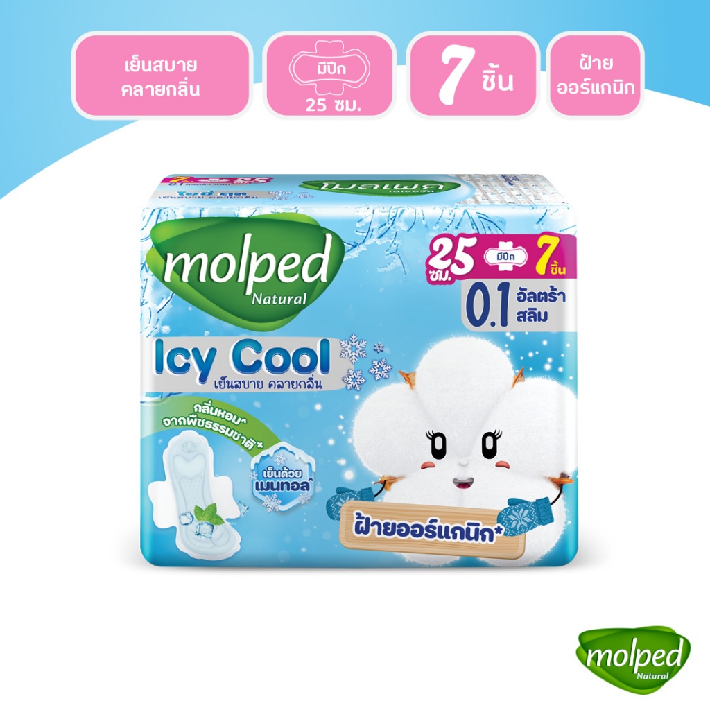 Molped โมลเพด ไอซี่คูล สลิม 0.1 ผ้าอนามัยสูตรเย็น สำหรับกลางวัน แบบมีปีก 25 ซม. จำนวน 7 ชิ้น