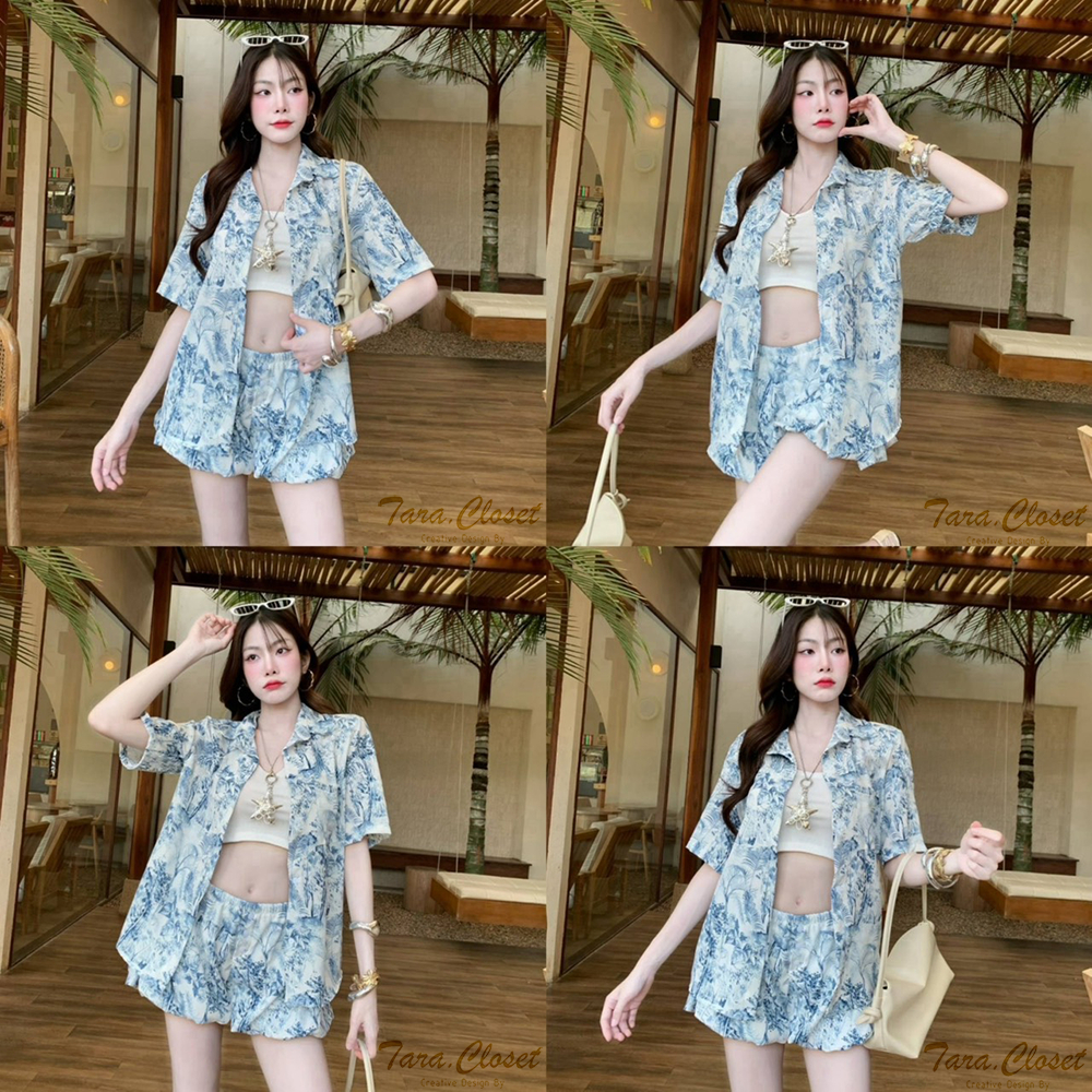 BA112 TARA SET 2 ชิ้น เสื้อเชิ้ต คอปกฮาวาย กระดุมหน้า + กางเกงทรงบอลลูน เอวยางยืด เนื้อผ้าไหมอิตาลี ผ้าดี ทรงสวย ใส่สบาย