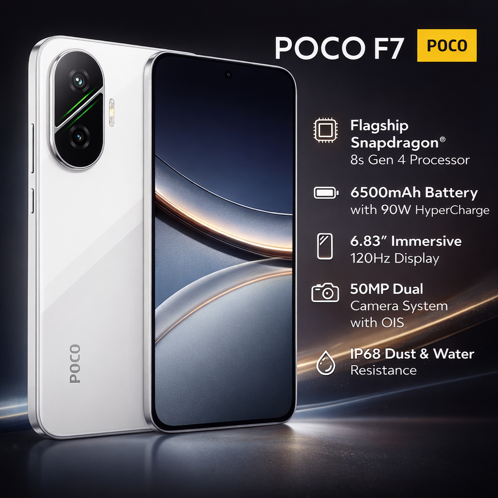 Poco F7 5G 12+256GB สี Silver Snapdragon 8s Gen 4 หน้าจอ 6.83" แบต 6500 mAh ชาร์จเร็ว 90W กล้อง 50MP