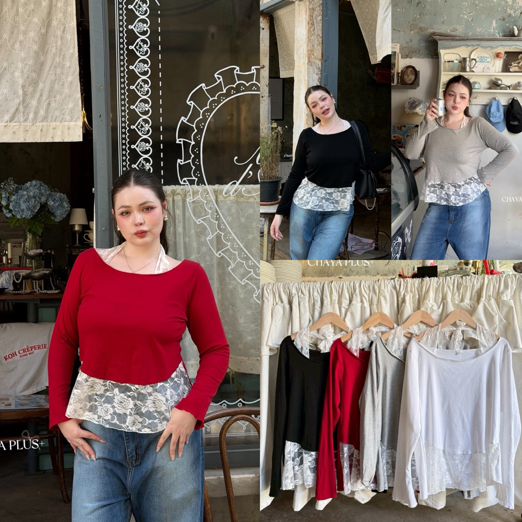 (LD) เสื้อแขนยาว คล้องคอลูกไม้ แต่งชายลูกไม้เฉียงๆ เก๋มาก ฮอตฮิตสุดๆ เสื้อผ้าสาวอวบอ้วน พลัสไซส์ ไซส์ใหญ่