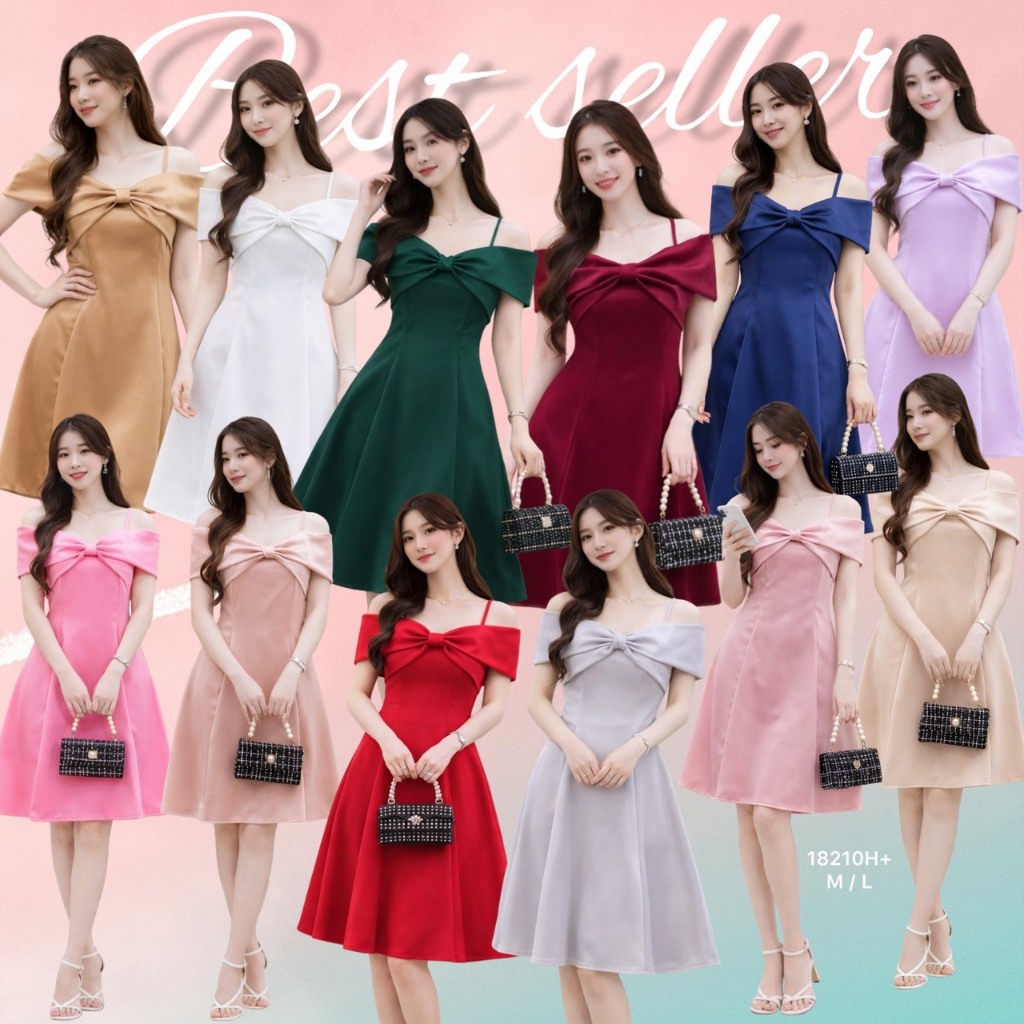 TwinsShopVip💗พร้อมส่ง TW18201 เดรส เปิดไหล่ผูกโบว์หน้า