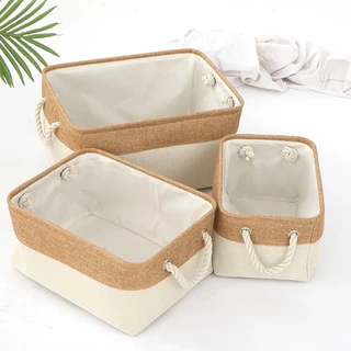 (พร้อมส่ง) ตะกร้าเก็บของ อเนกประสงค์ ตะกร้าเก็บของแบบพกพา ผ้าฝ้ายและผ้าลินินแบบพับได้ มีหูหิ้วทั้งสองด้าน
