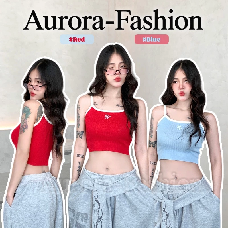 Aurora🛒พร้อมส่ง🚚 (รูปถ่ายจากงานจริง) เสื้อสายเดี่ยว ผ้าถัก รัดรูปแบบสั้น สีสันสดใส เหมาะกับฤดูร้อน