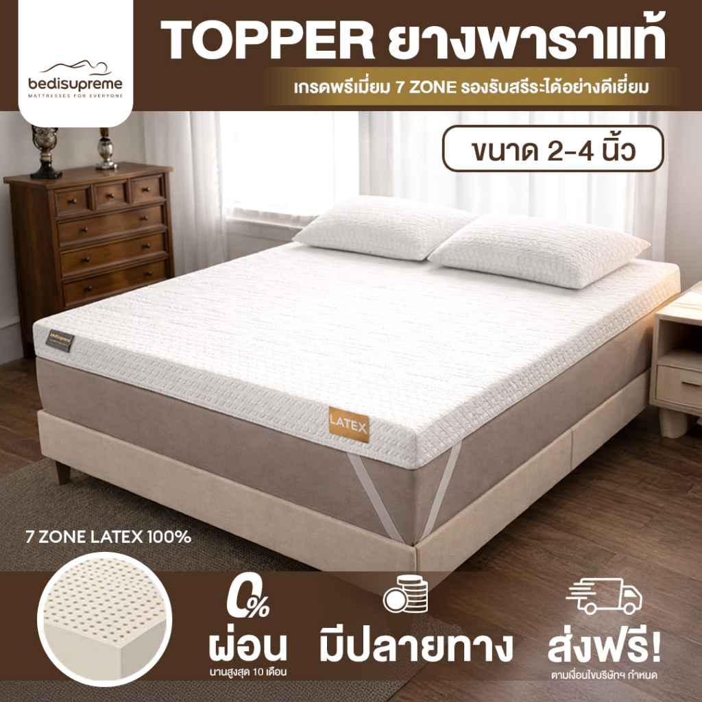 ท็อปเปอร์ยางพาราแท้ 100% แบบฉีดขึ้นรูป 7 Zone Latex Topper หนา 2-4 นิ้ว หุ้มผ้านุ่ม Cooing Max มีซิป
