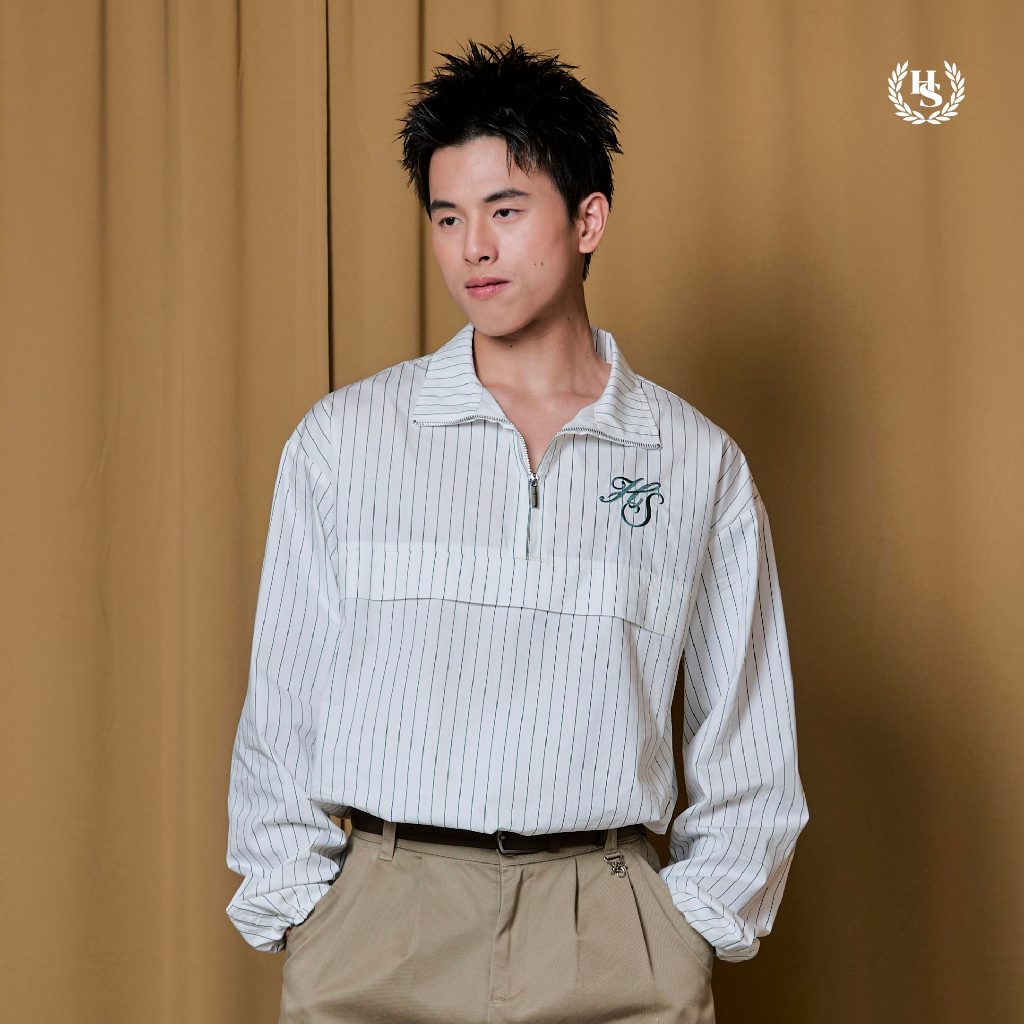 Highschool Summer Collection : Clubhouse Stripe poplin polo Zip-up เสื้อโปโลผ้าป๊อปลายริ้ว- TPB07056