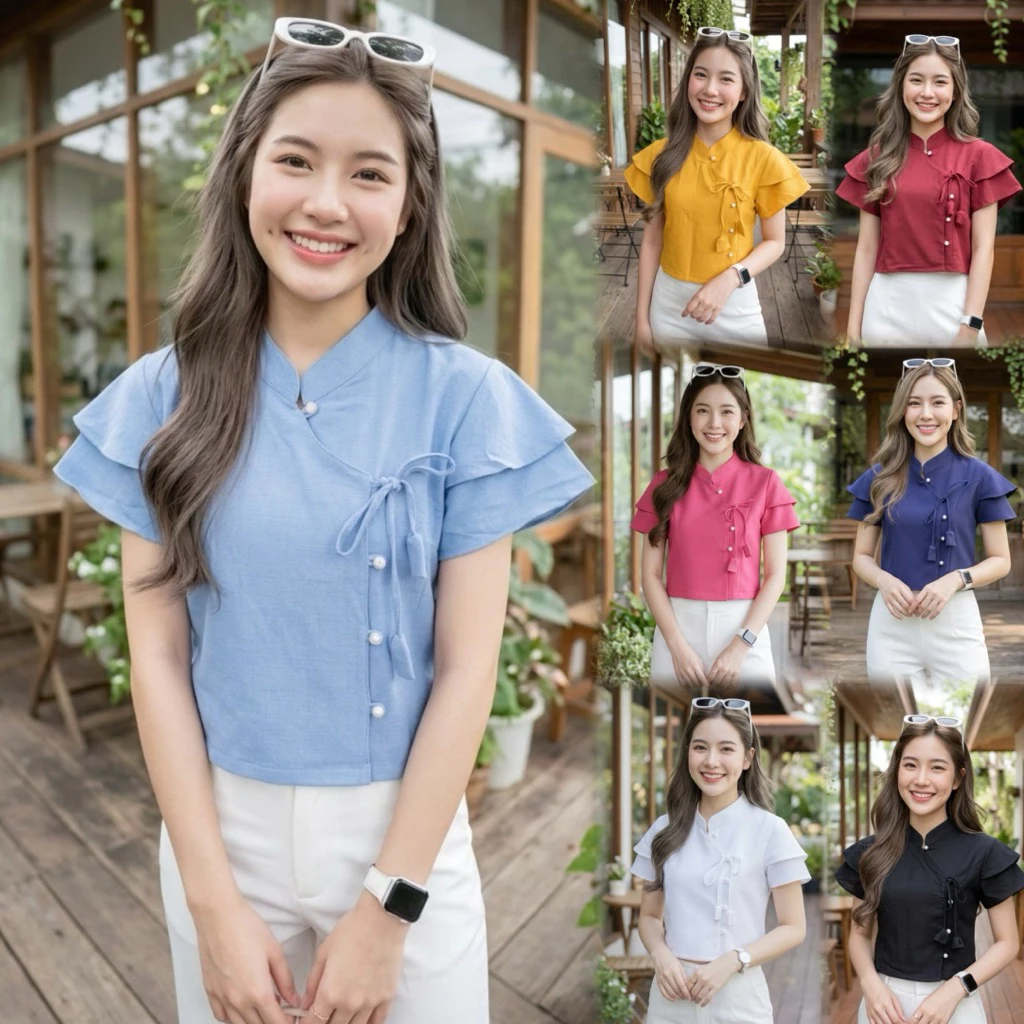 เสื้อพื้นเมืองผู้หญิงคอจีน ผูกโบว์ แขนสองชั้น