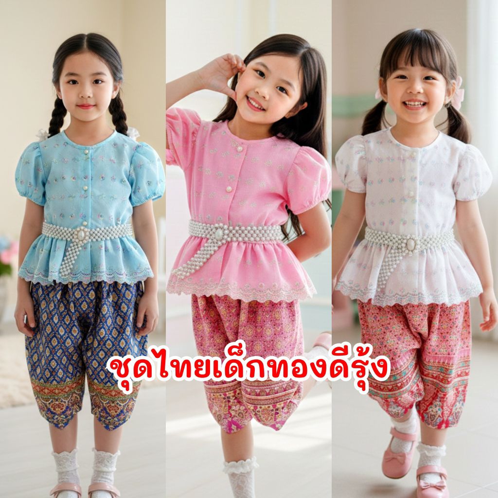 Ndd // ชุดไทยเด็กทองดีรุ้ง เซ็ต 2 ชิ้น เสื้อผ้าคอตต้อนฉลุ ผ่าหน้า กระดุมมุกใช้งานได้จริง โจงผ้าไทยสม