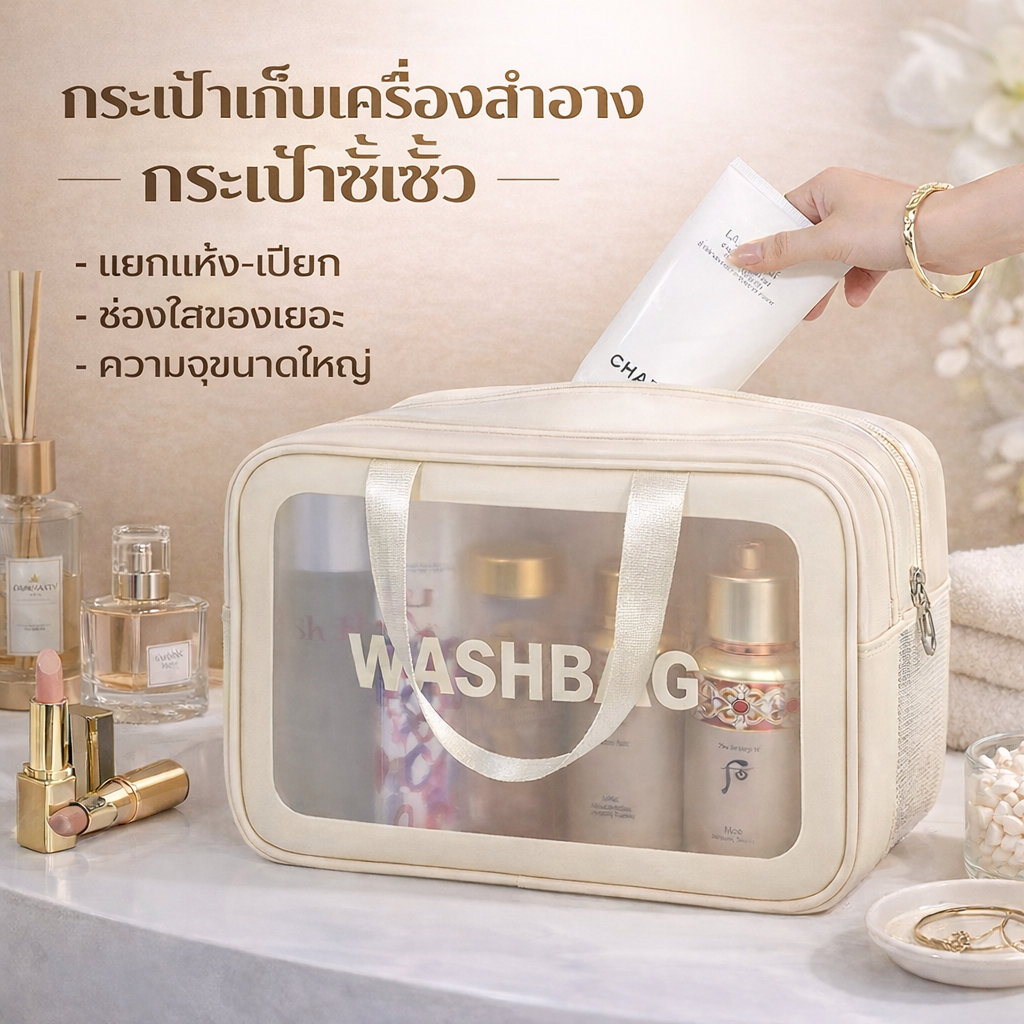 กระเป๋าเครื่องสำอาง PVC กันน้ำ ใสพกพา กระเป๋าใส่เครื่องสำอางขนาดใหญ่ มีหูหิ้ว กระเป๋าเก็บของเดินทาง อเนกประสงค์ สำหรับผู
