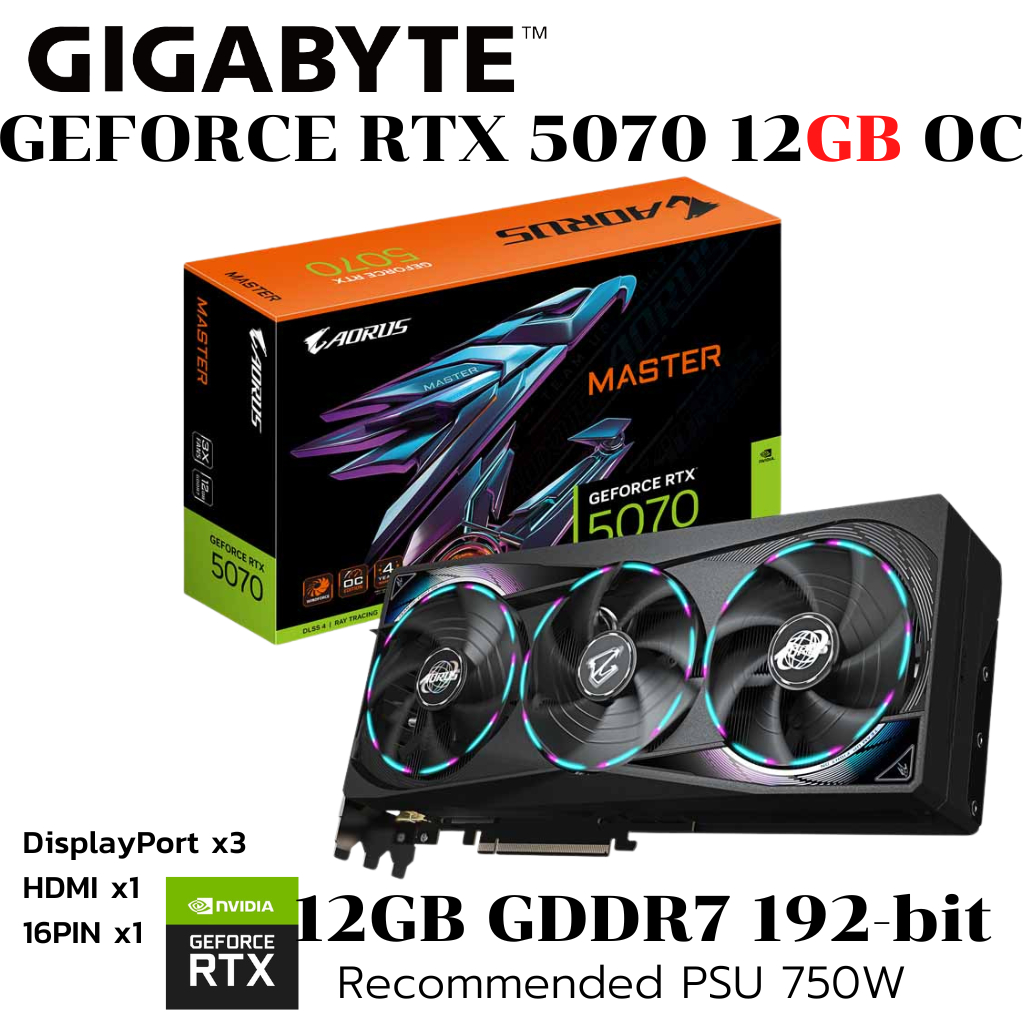 VGA (การ์ดแสดงผล) GIGABYTE AORUS GEFORCE RTX 5070 MASTER 12G - 12GB GDDR7