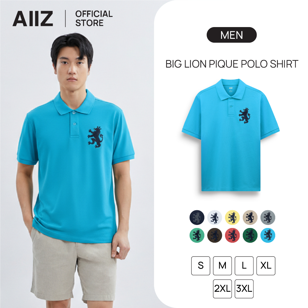 AIIZ เสื้อโปโลผู้ชายผ้าปิเก้ ปักสิงห์ Men's Big Lion Pique Polo Shirt