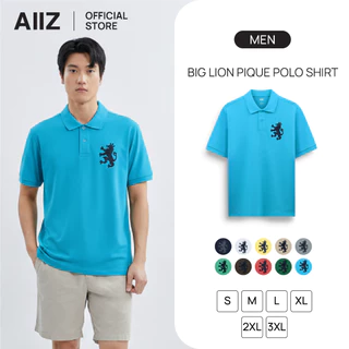 AIIZ เสื้อโปโลผู้ชายผ้าปิเก้ ปักสิงห์ Men's Big Lion Pique Polo Shirt