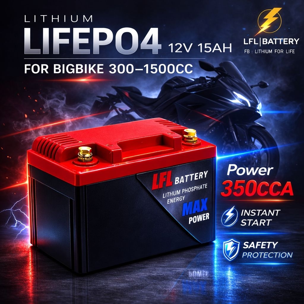 แบตเตอรี่ลิเธียม LiFePO4 12V 15Ah สำหรับ Bigbike 300-1500cc กำลังสตาร์ทสูง LFL Battery