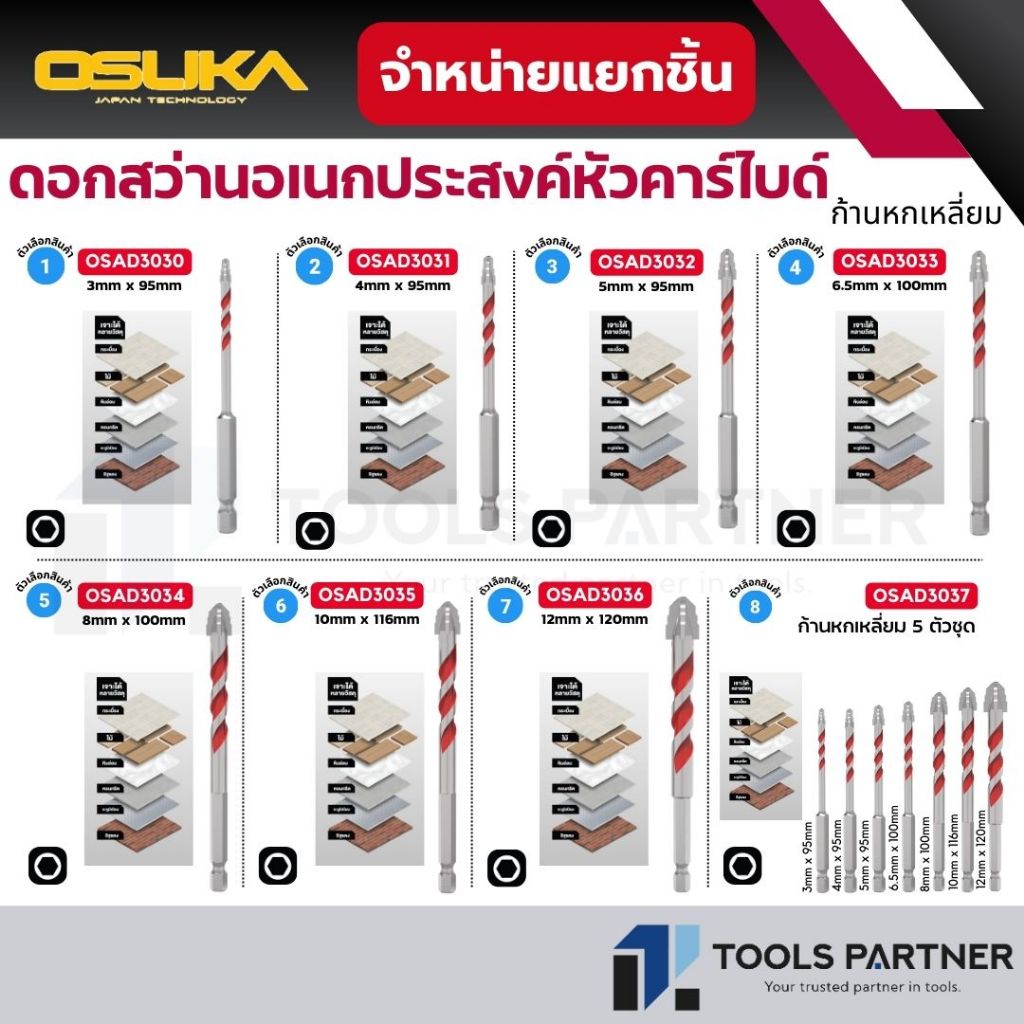 OSUKA ดอกสว่านอเนกประสงค์หัวคาร์ไบด์ ก้านหกเหลี่ยม ขนาด 3mm-12mm ( รุ่น OSAD3030 - OSAD3037 )