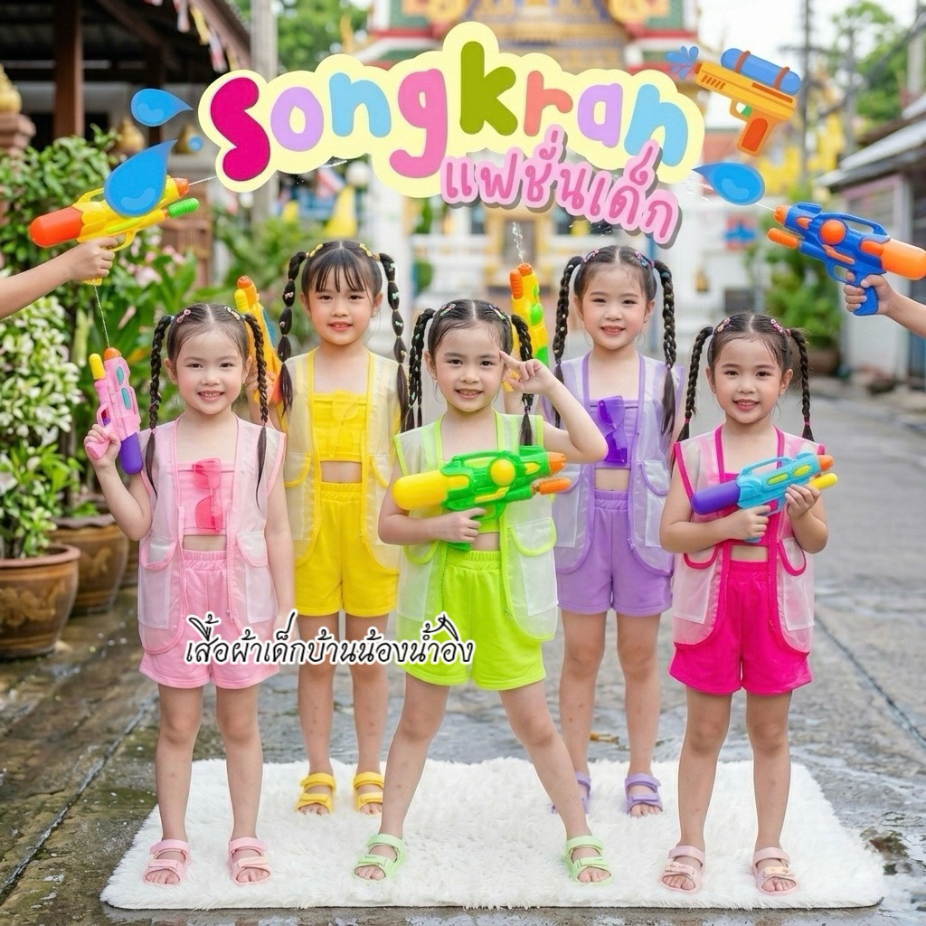 🔥รุ่น PVC เนื้อนุ่ม ไม่บาดผิว🔥 ตรงปกแน่นอน ชุดสงกรานต์เด็ก 3ชิ้น เสื้อ+กางเกง+เสื้อคลุม