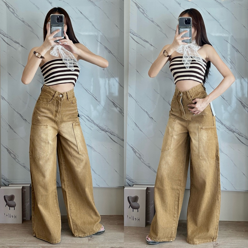CHANA - สีคาราเมลฟอกวินเทจกางเกงขาบาน 3562 รุ่น Baggy Caramel Wide ดีไซน์กระเป๋าใหญ่ ยีนส์ผ้าไม่ยืด