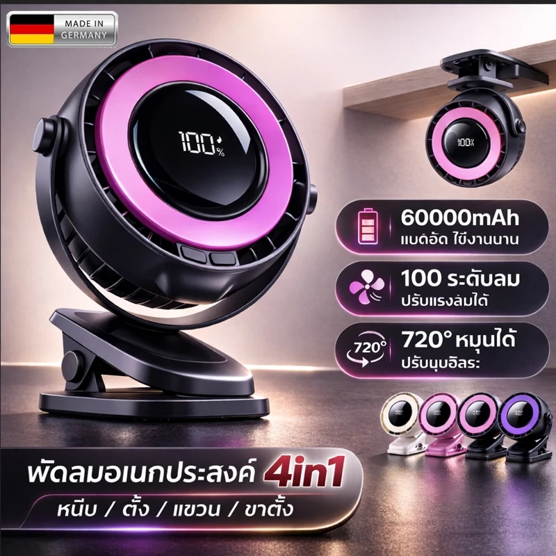 【คลายร้อนทันที】60000mAh พัดลมพกพา พัดลมตั้งโต๊ะ 7ใบ ลมเร็ว100ระดับ ลมแรง เสียงเงียบ พัดลมไร้สาย Desktop Fan