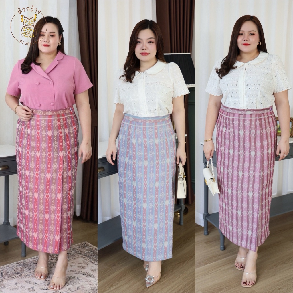 ตัวกว้างพลัสไซส์ ผ้าถุงสำเร็จรูป ทรงป้ายหน้า ผ้าฝ้ายทอลายไทย รีดอัดผ้ากาวทั้งตัว ผ้าถุงสาวอวบ ผ้าถุงไซส์ใหญ่ SK790-0001