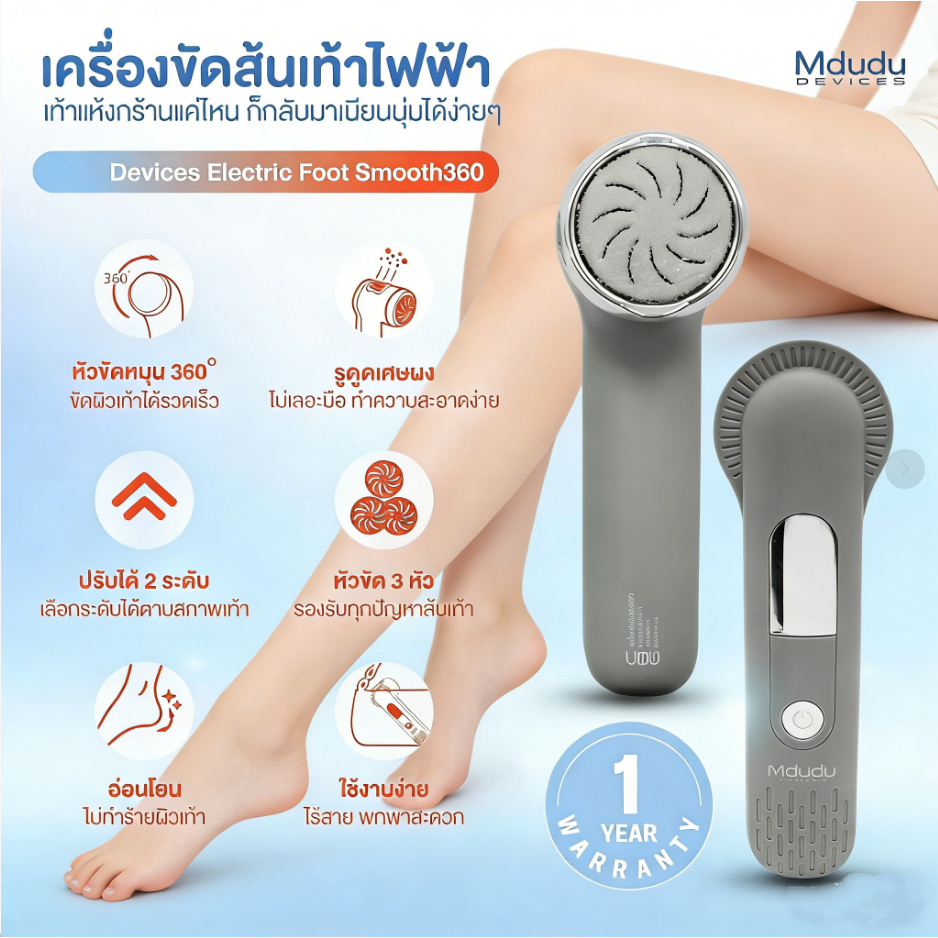 ใหม่! MduduSmart เครื่องขัดส้นเท้าไฟฟ้า360 ํ พร้อมระบบเก็บฝุ่นอัจฉริยะ ไม่ต้องกลัวเลอะเทอะ ปรับความแรงได้2ระดับ(EF3)