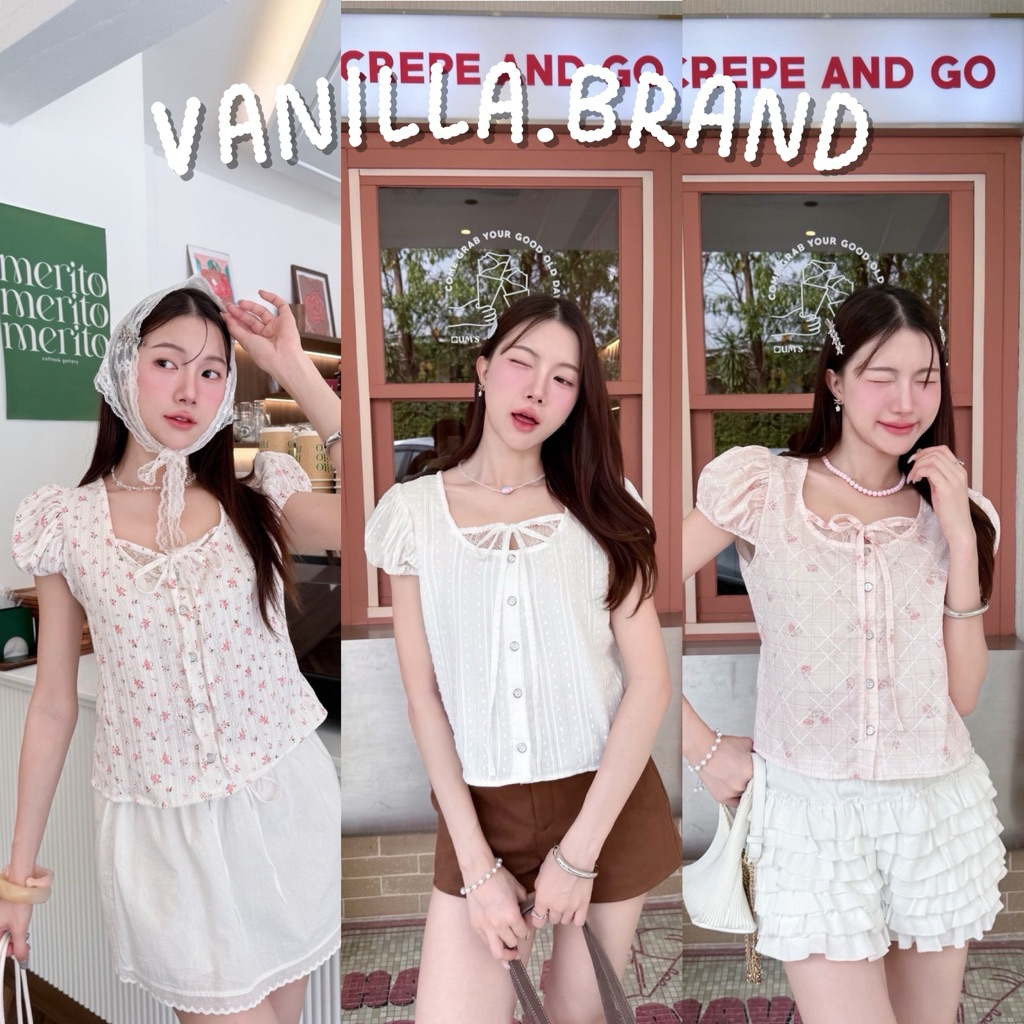 เสื้อแขนพอง กระดุมหน้า แต่งผ้าลูกไม้ที่อก -ttm / VB0655