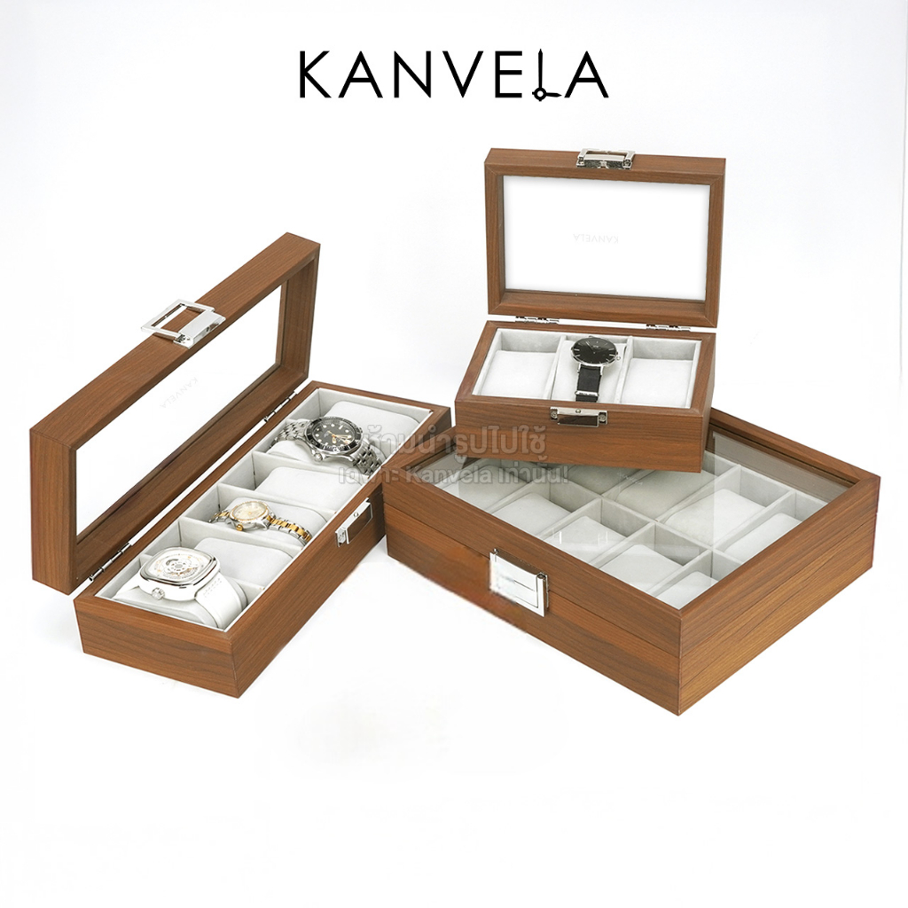 KANVELA กล่องเก็บนาฬิกาข้อมือ 3 6 10 เรือน กล่องใส่นาฬิกาไม้ MDF ฝากระจก พร้อมหมอนกำมะหยี่ Watch Box
