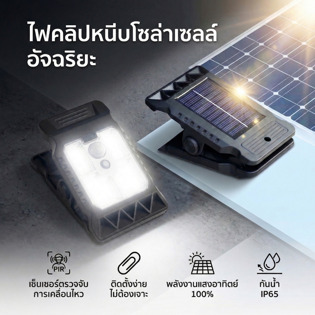 ไฟโซลาร์เซลล์แบบหนีบ 24 LED เซ็นเซอร์ตรวจจับความเคลื่อนไหว เปิด-ปิดอัตโนมัติ กันน้ำ IP65 สำหรับรั้วบ้านและทางเดิน