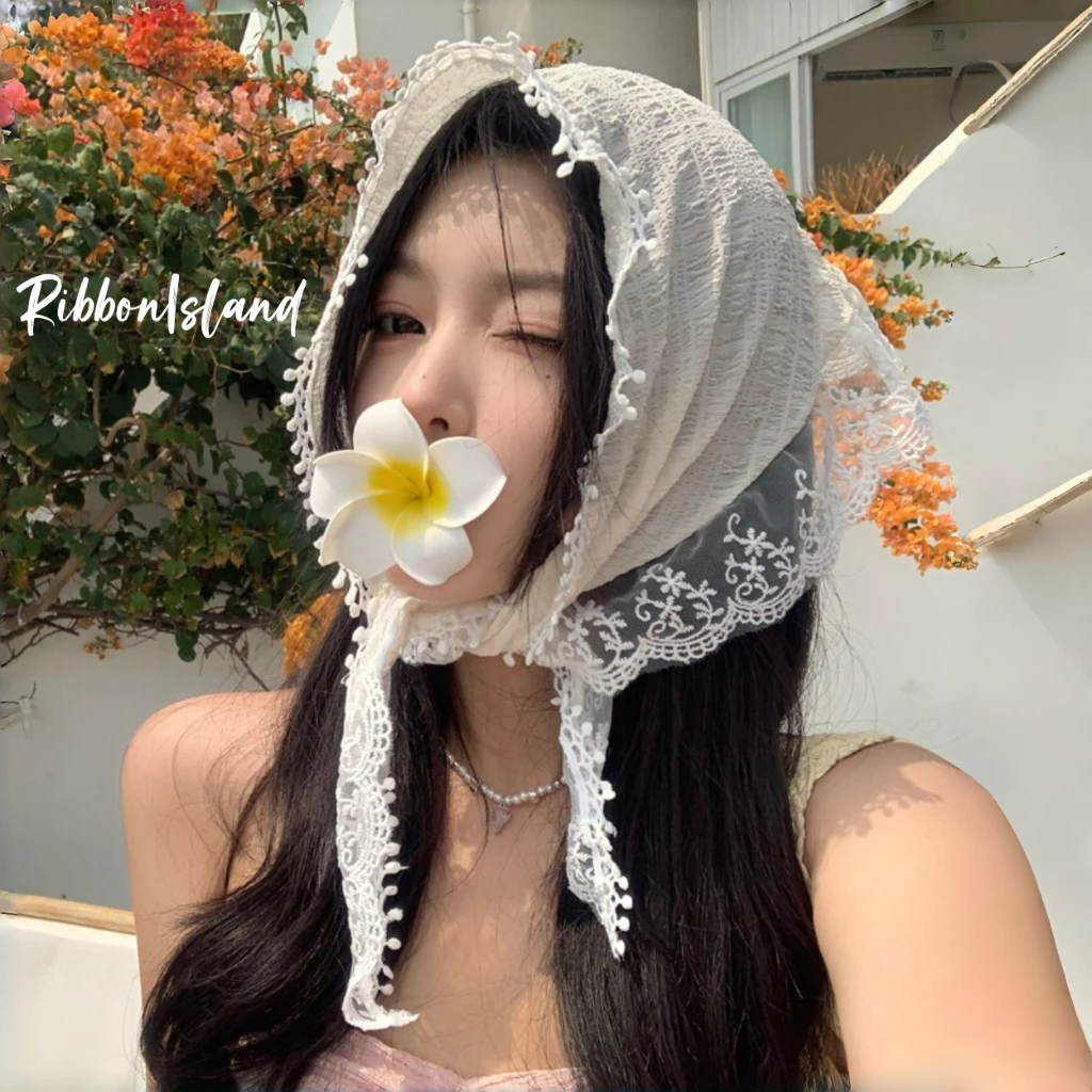 ผ้าโพกศีรษะ ผ้าพันคอ ทรงสามเหลี่ยม แต่งลูกไม้ ลายดอกไม้ แฟชั่นฤดูร้อน สไตล์ฝรั่งเศส ระบายอากาศ ถอดออกได้ ราคาถูก