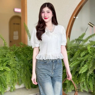 ( เฉพาะเสื้อ ) เสื้อผ้าเปลือกไม้ แขนตุ๊กตา ชายแต่งระบาย ผูกโบว์อก เรียบร้อย ใส่ทำงาน น่ารัก สาวอวบ อ้วน เสื้อสาวอวบ T016