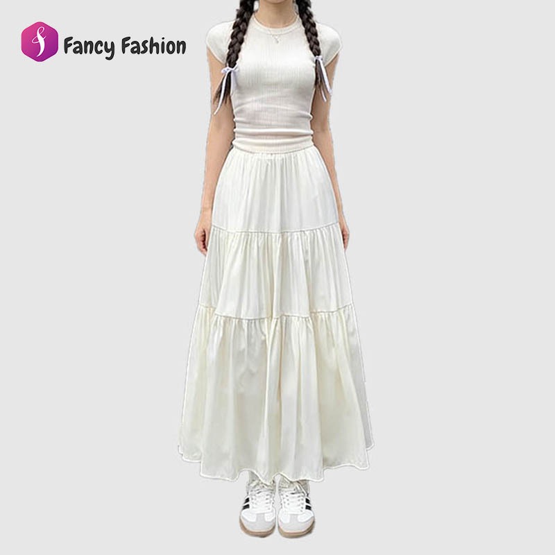 Fancy กระโปรงยาวจีบสไตล์เกาหลีสำหรับผู้หญิง ทรงเอ เอวยางยืด กระโปรงยาวแฟชั่นลำลอง ขนาด S-2XL