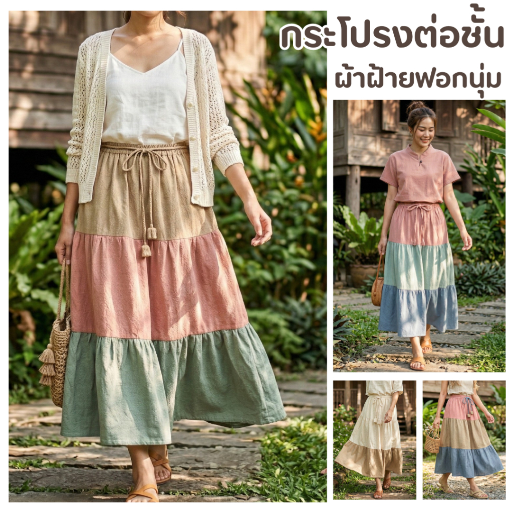 กระโปรงย้วย เอวยางยืด สีขนมชั้น🌸โทนสีพาสเทลหวานๆ
