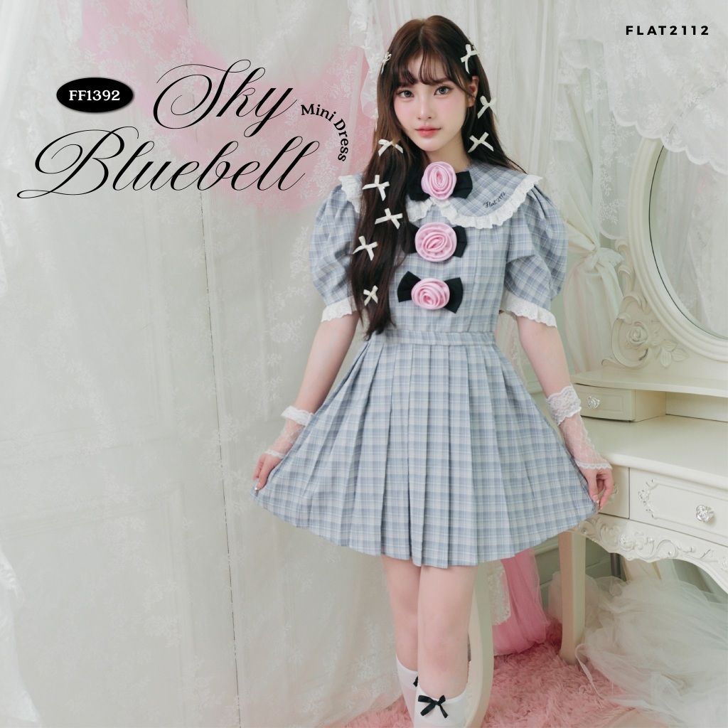 FLAT2112 : SKY BLUEBELLE MINI DRESS เดรสสั้นลูกคุณหนูสไตล์เกาหลี เดรสใส่ไปคาเฟ่ เดรสโทนพาสเทลหวานๆ (FF1392)