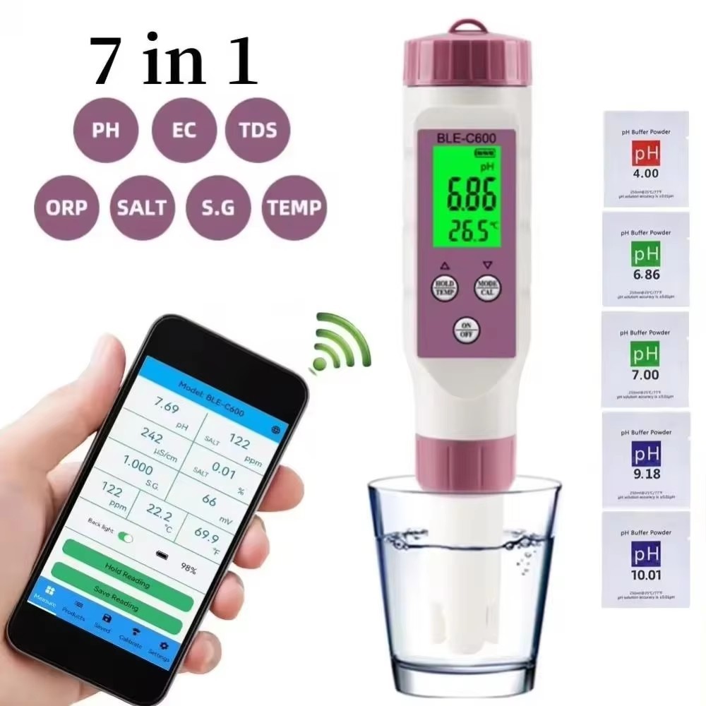 BLE-C600 บลูทูธ 7 in 1 PH Meter 7 in 1 PH EC TDS ORPเกลือS.G TEMP Meter APPอัจฉริยะควบคุมTester