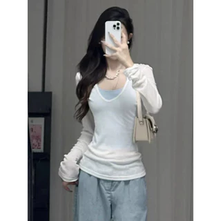 เสื้อสายเดี่ยวแขนยาวคอ halter ป้องกันแสงแดด ดีไซน์น่ารัก แบรนด์ดังสำหรับฤดูร้อน เรียบง่ายและเก๋ไก๋ เหมาะสำหรับใส่ลำลอง