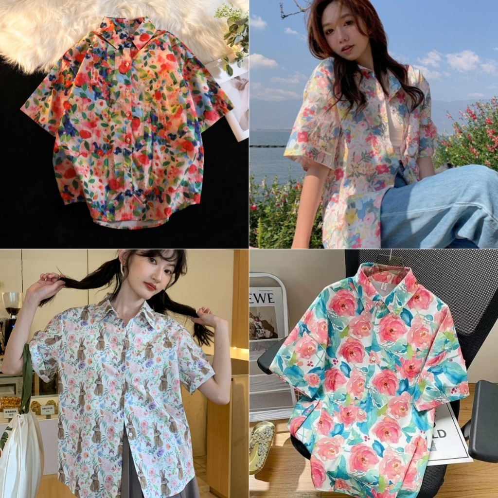 Bella Shop ลายดอกไม้เสื้อเชิ้ต  แบบยูนิเซ็กส์ เสื้อสงกรานต์ แขนสั้น ฤดูร้อน ผ้าเนื้อนุ่ม ทรงหลวม พร้อมส่ง