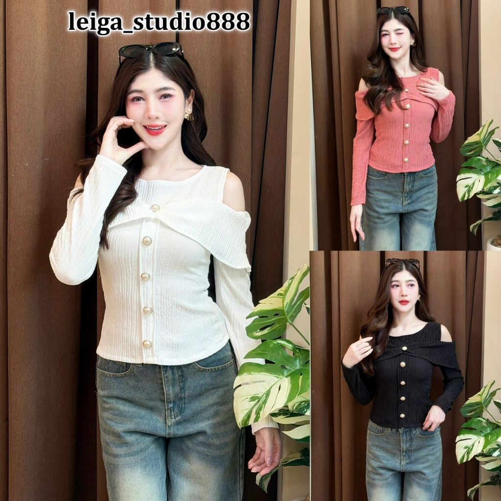เสื้อแฟชั่น ผ้าเปลือกไม้ แขนปาด-เว้าไหล่แต่งสม๊อค ดีเทลแต่งโบว์ แต่งกุ้น ใส่เที่ยว ใส่ออกงาน เรียบหรู ใส่แมท LG213