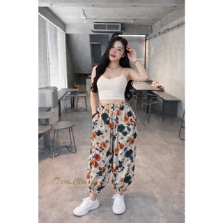 NE001 TARA Pants กางเกง 8 ส่วนทรงเจนนี่ ขาบอลลูน ฟรีไซซ์เอวยางยืด มีกระเป๋าข้าง จั๊ม ระบายที่ปลายขา ผ้าไหมอิตาลีลายดอก