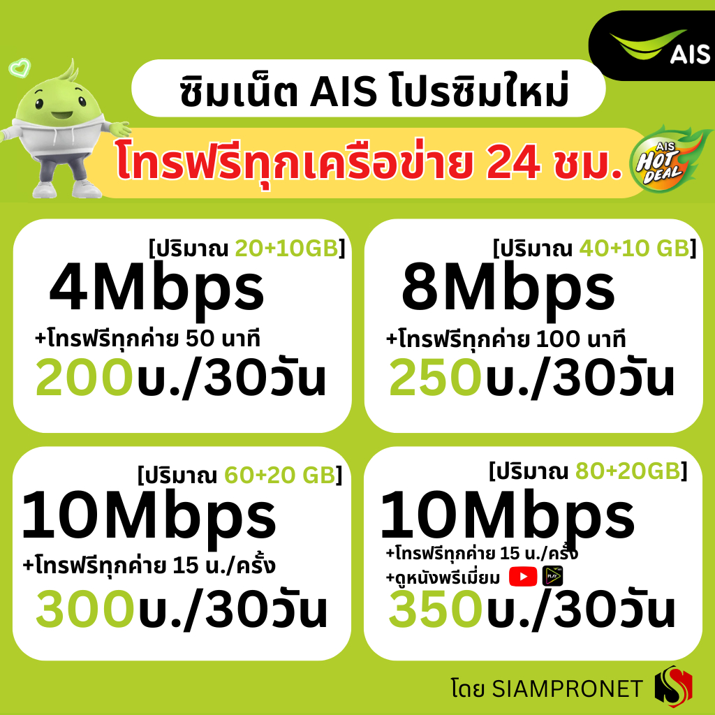 ซิมเน็ต AIS ไม่ลดสปีด เน็ต AIS ไม่จำกัด+โทรฟรีทุกเครือข่าย 24ชม. ความเร็ว 15Mbps ,4Mbps, 6Mbps