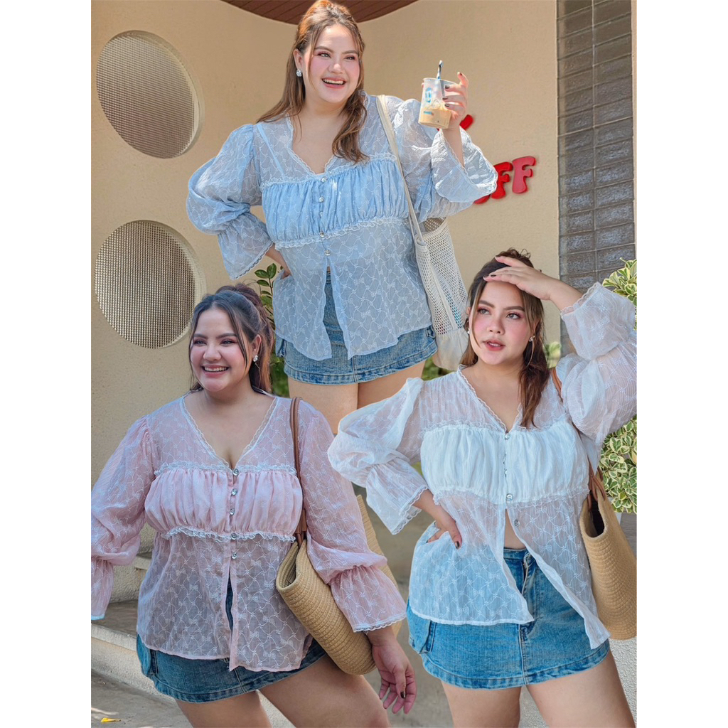 |ส่งด่วน/พร้อมส่ง| Rosy ribbon V top เสื้อแขนยาวคอวีน่ารัก อก 34-50+