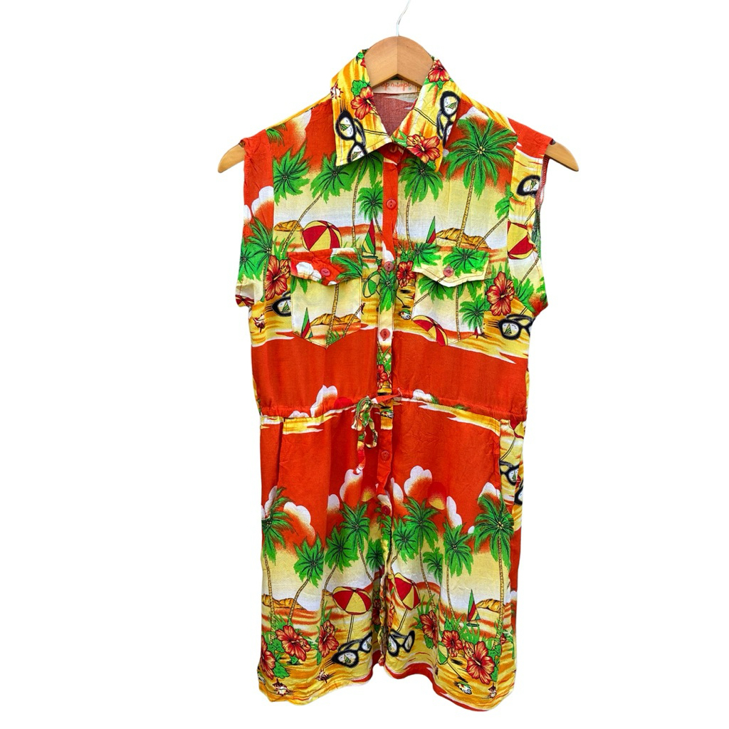 เสื้อเดรสเชิ้ต ANAP MIMPI Japan Tropical Hawaiian Sleeveless Dress Sun Dress Beach Summer Orange