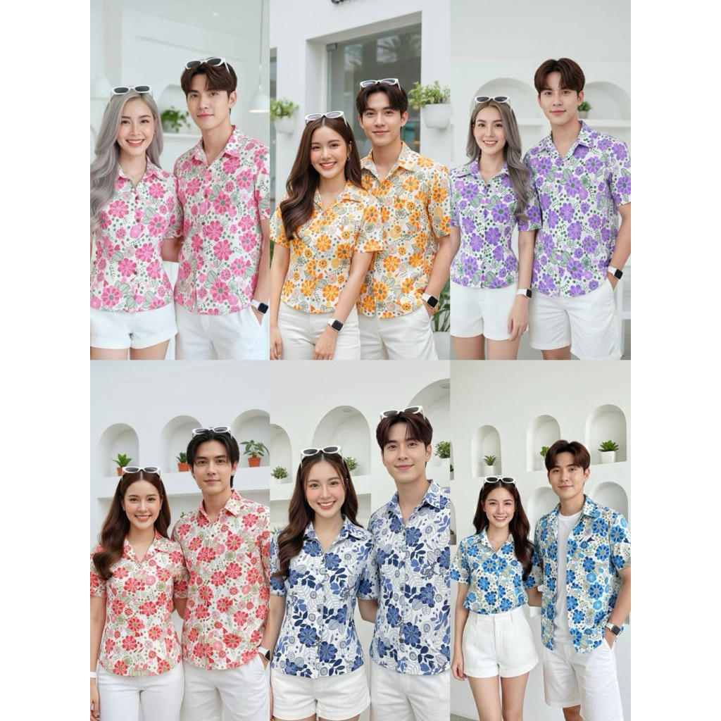 เสื้อพื้นเมืองคู่คอเชิ๊ตชาย/หญิงลายดอกชบา..