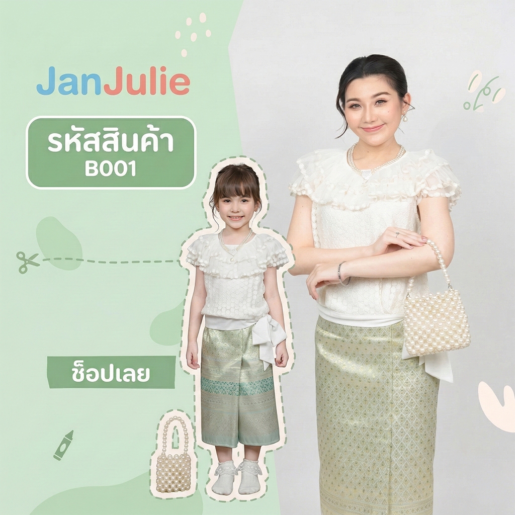 B001 เสื้อลูกไม้เด็กและแม่ คอแต่งระบาย เอวผูกโบว์ข้าง