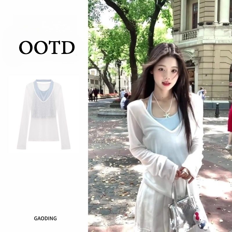 เสื้อยืดคอวีกันแดดทรงสวยเซ็กซี่สำหรับผู้หญิงฤดูใบไม้ผลิและฤดูร้อน เสื้อซับในคอ halter neck ดีไซน์เรียบง่ายแต่ดึงดูดใจ