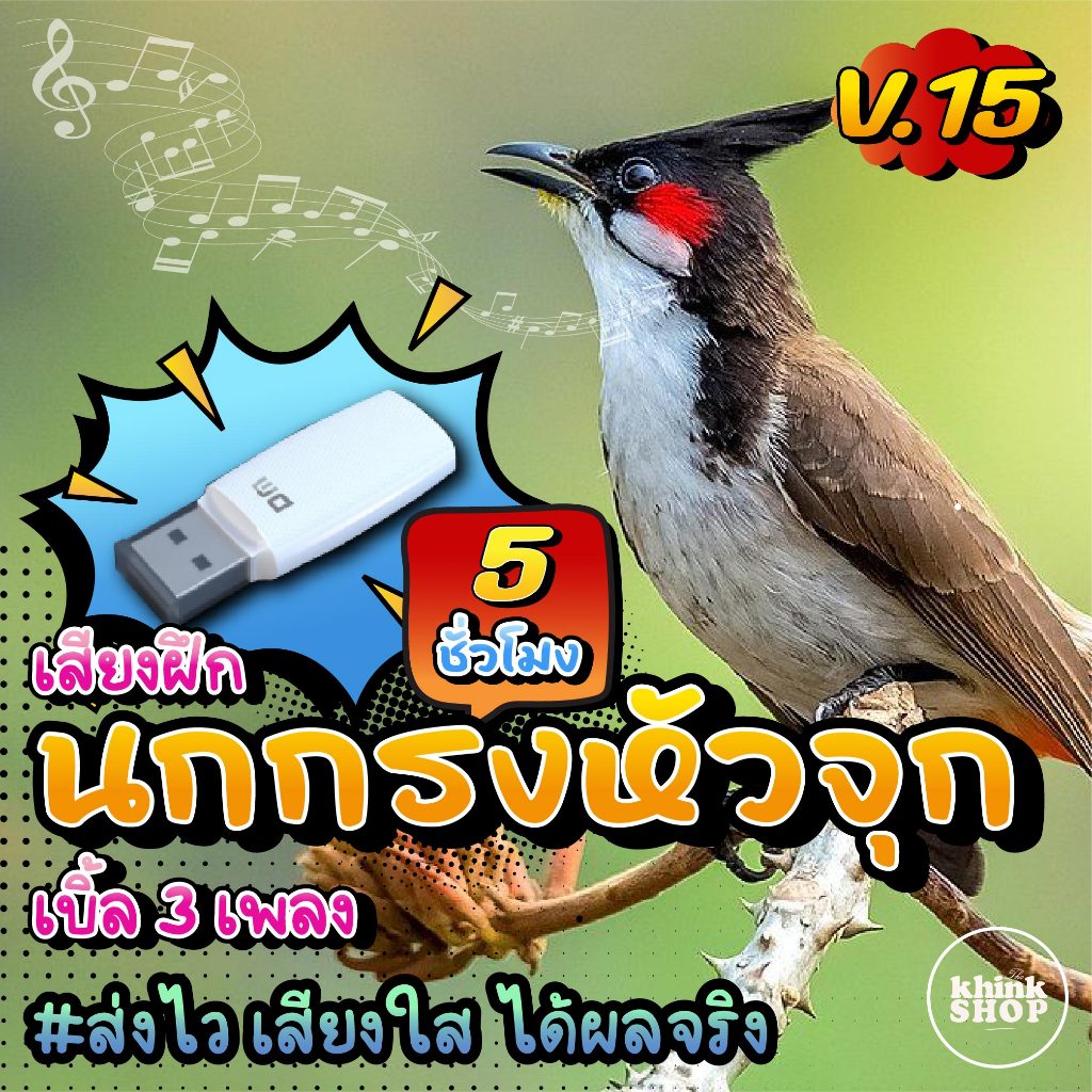 เสียงฝึกนกกรงหัวจุก V.15 เบิ้ล 3 เพลง แฟลชไดรฟ์ เมม ไม่มีโฆษณาแทรก มีเก็บเงินปลายทาง
