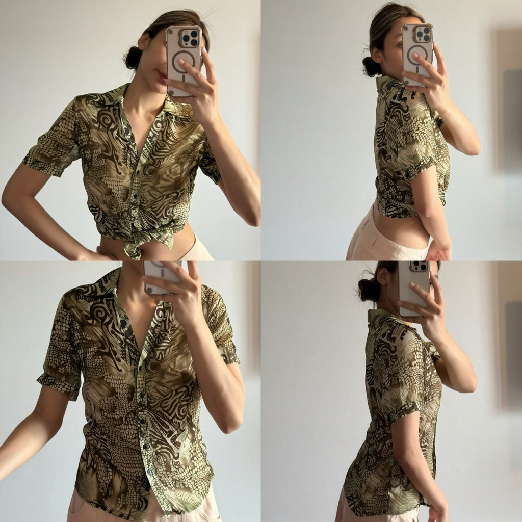 เสื้อเชิ้ตผู้หญิงลายกราฟิกแนววินเทจผ้าพริ้วสไตล์ฮาวาย ”แบรนด์ XACT“ทรงสวยเข้ารูป💞🌴