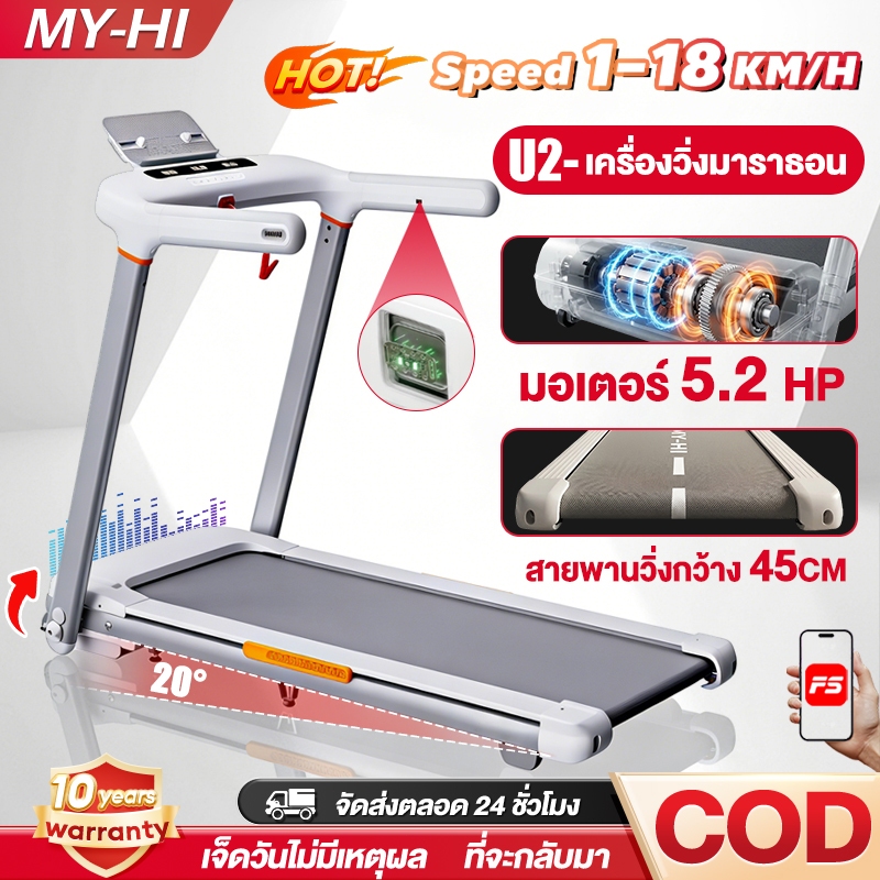 【MY-HI】 ลู่วิ่งไฟฟ้า U2 ลู่วิ่ง 5.2HP U2 Treadmill ลู่วิ่งพับได้ ปรับความชันไฟฟ้า 20 ระดับ วัดอัตราการเต้นหัวใจแบบพัลส์