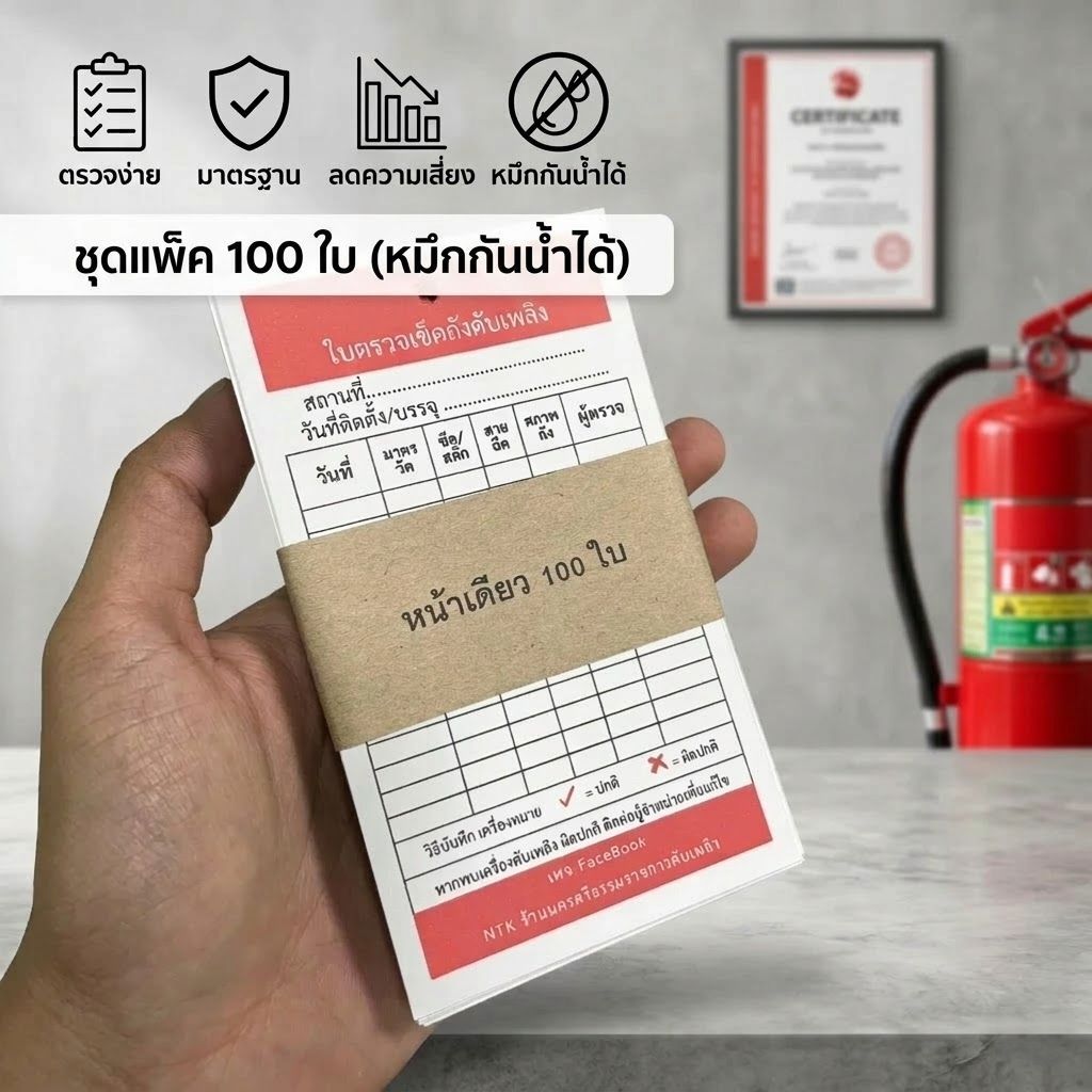 🔥ใบตรวจเช็คถังดับเพลิง แบบแพ็ค 100ใบ โดนน้ำได้ 🔥