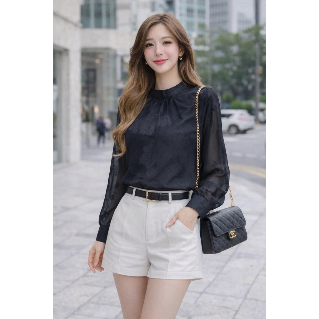 A32 เสื้อสีดำคอปีน ผ้าชีฟองลายแจ็คการ์ด พร้อมส่ง